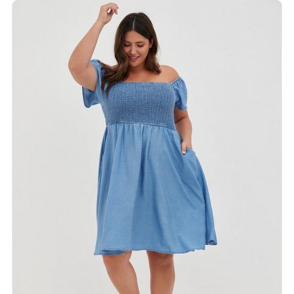 Torrid Blue Chambray Off-Shoulder Smocked Skater Dress - Picture 1 of 7